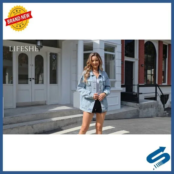 Oversized Denim Jacket Boyfriend Fit Long Sleeve Button Front